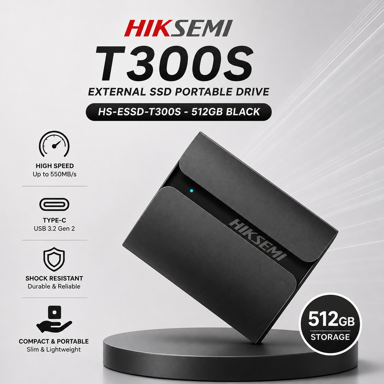 HIKSEMI T300S External SSD Portable Drive HS-ESSD-T300S - 512GB HITAM