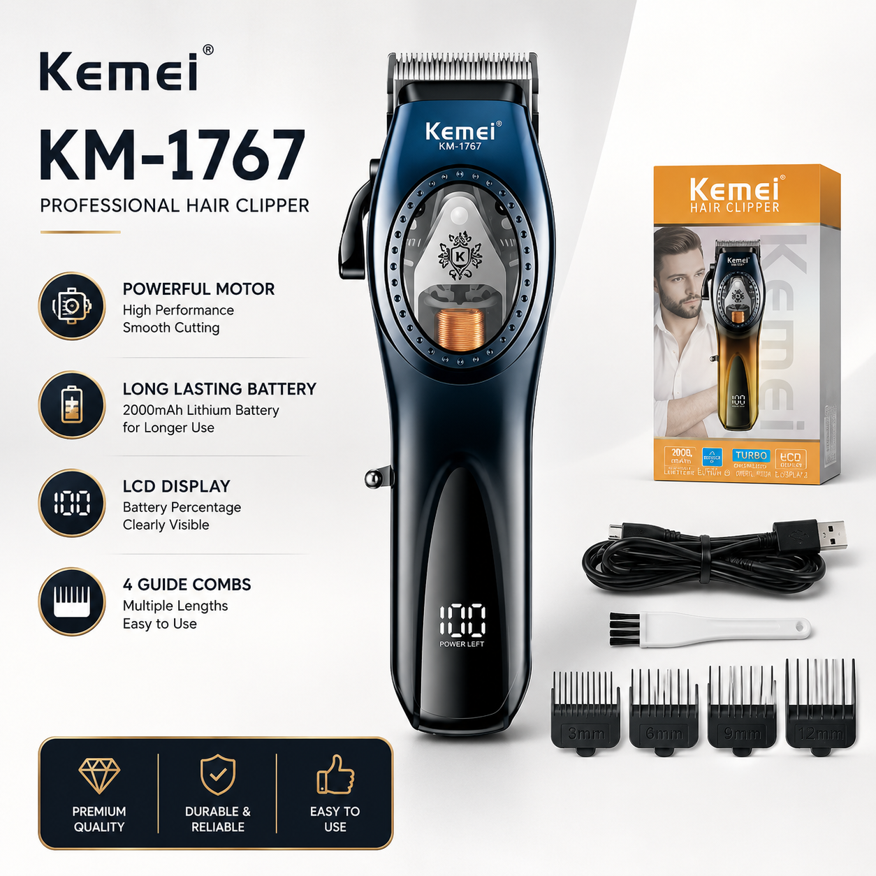Kemei KM-1767 Hair Clipper 9000RPM 3000MAH Cukur Rambut Magnetic KM1767 KM 1767 - BLUE