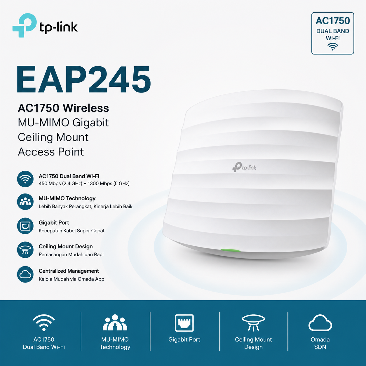 TP-LINK EAP245 Wireless Dual Band Gigabit Ceiling Mount Access Point