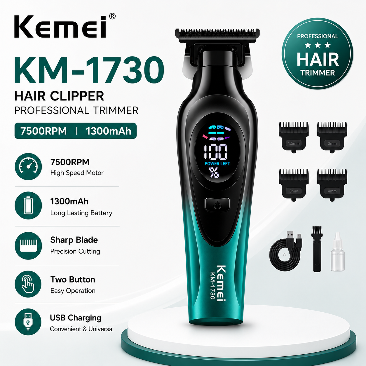 Kemei KM-1730 Hair Clipper Alat Cukur Kemei 1300mAh Two Button 7500RPM Hair Trimmer KM 1730 - GREEN