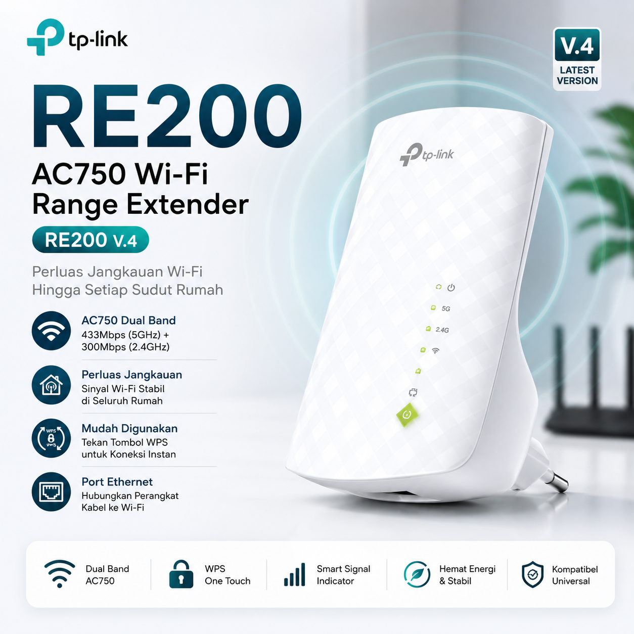 TP-LINK RE200 AC750 Wi-Fi Range Extender RE200 V.4