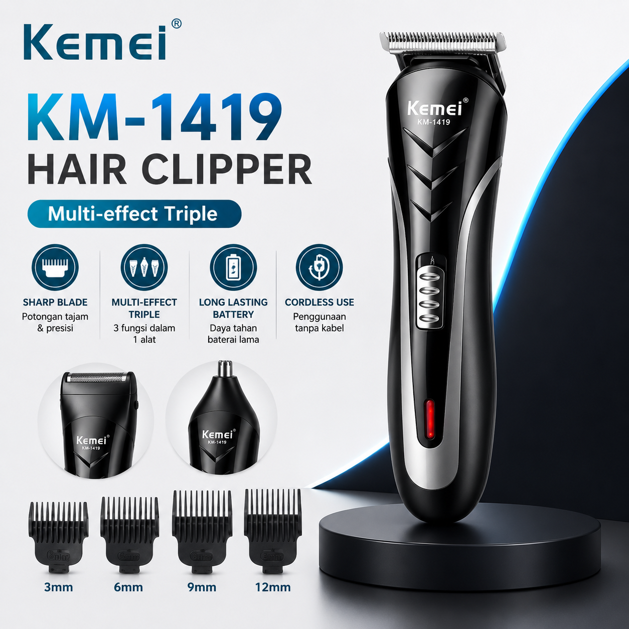 Kemei KM-1419 Hair Clipper 3 in1 Alat Cukur Rambut Kemei 1419