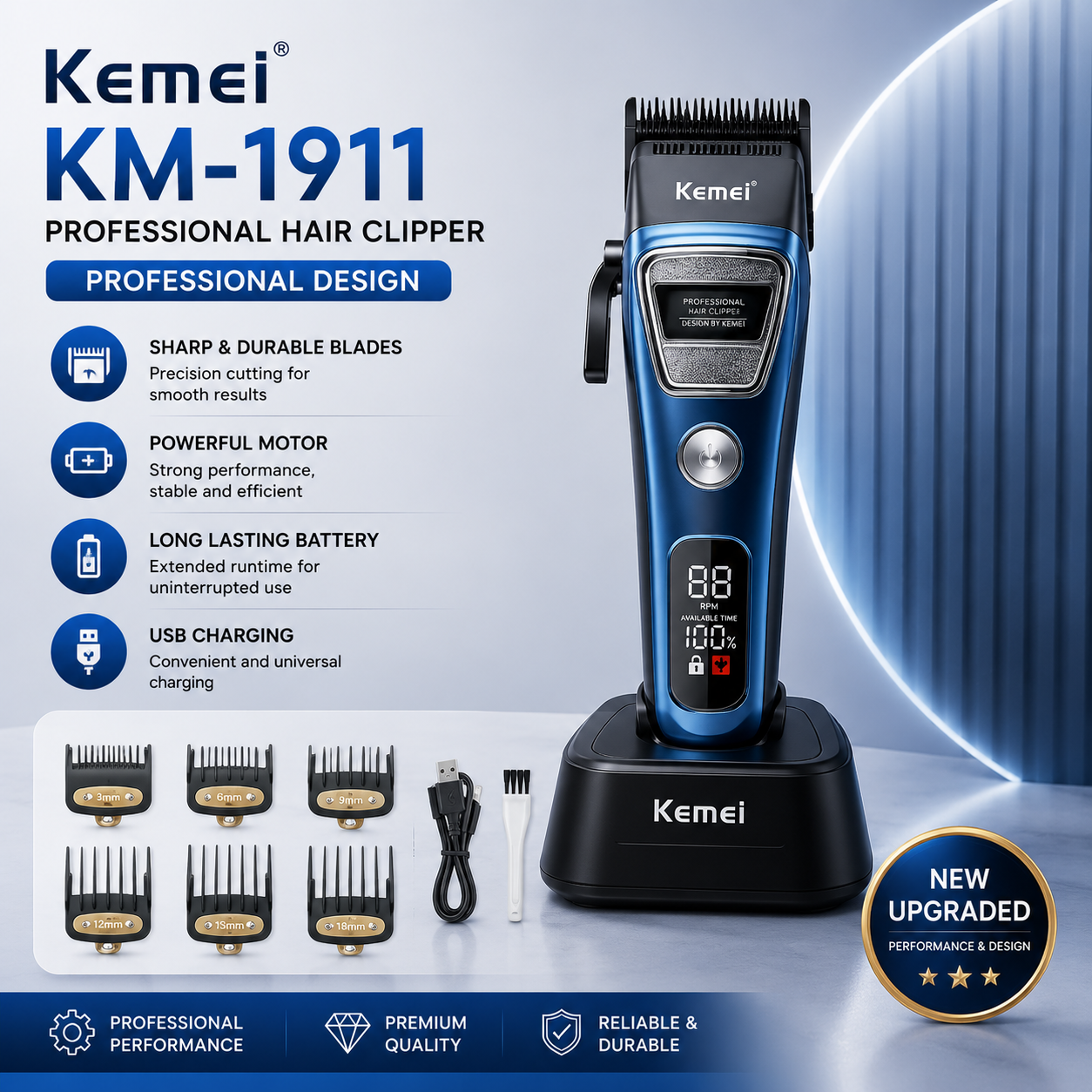 Kemei KM-1911 Professional Design Electric Hair Clipper KM1911 KM 1911 - BLUE