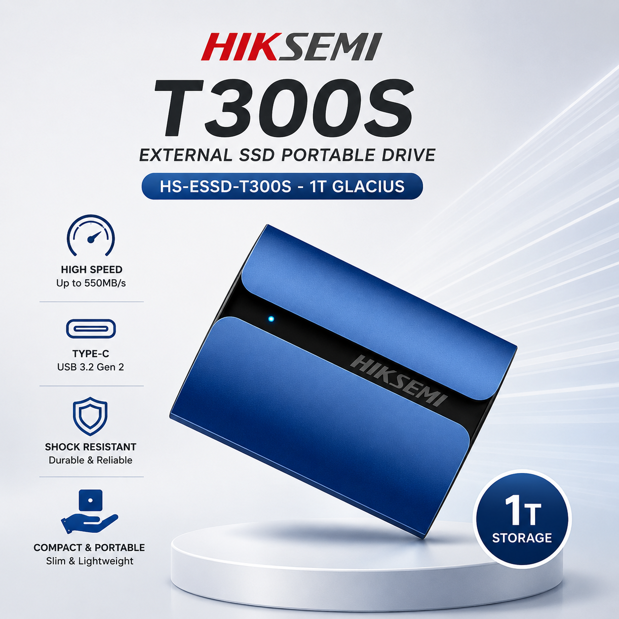 HIKSEMI T300S External SSD Portable Drive HS-ESSD-T300S - 1T GLACIUS