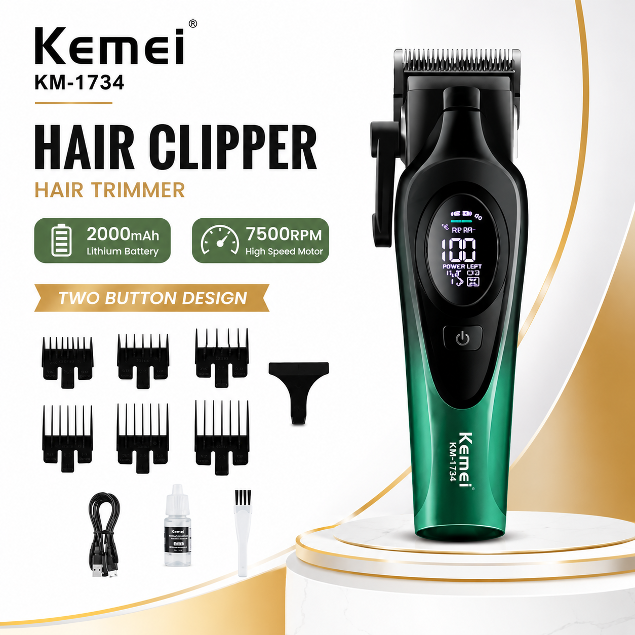 Kemei KM-1734 Hair Clipper Alat Cukur Kemei KM 1734 Hair Trimmer 2000mAh Two Button 7500RPM - GREEN