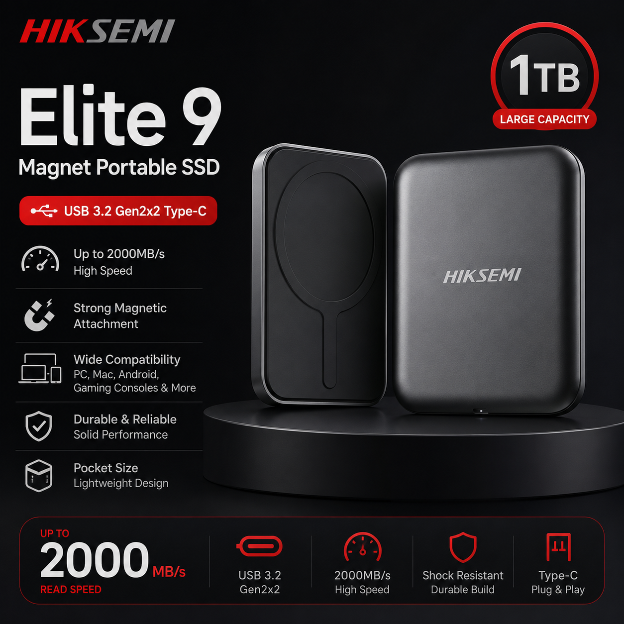 Hiksemi Elite 9 Magnet USB 3.2 Gen2X2 Type-C 2000MBPS Portable SSD Harddisk Eksternal HS-ESSD - 1T
