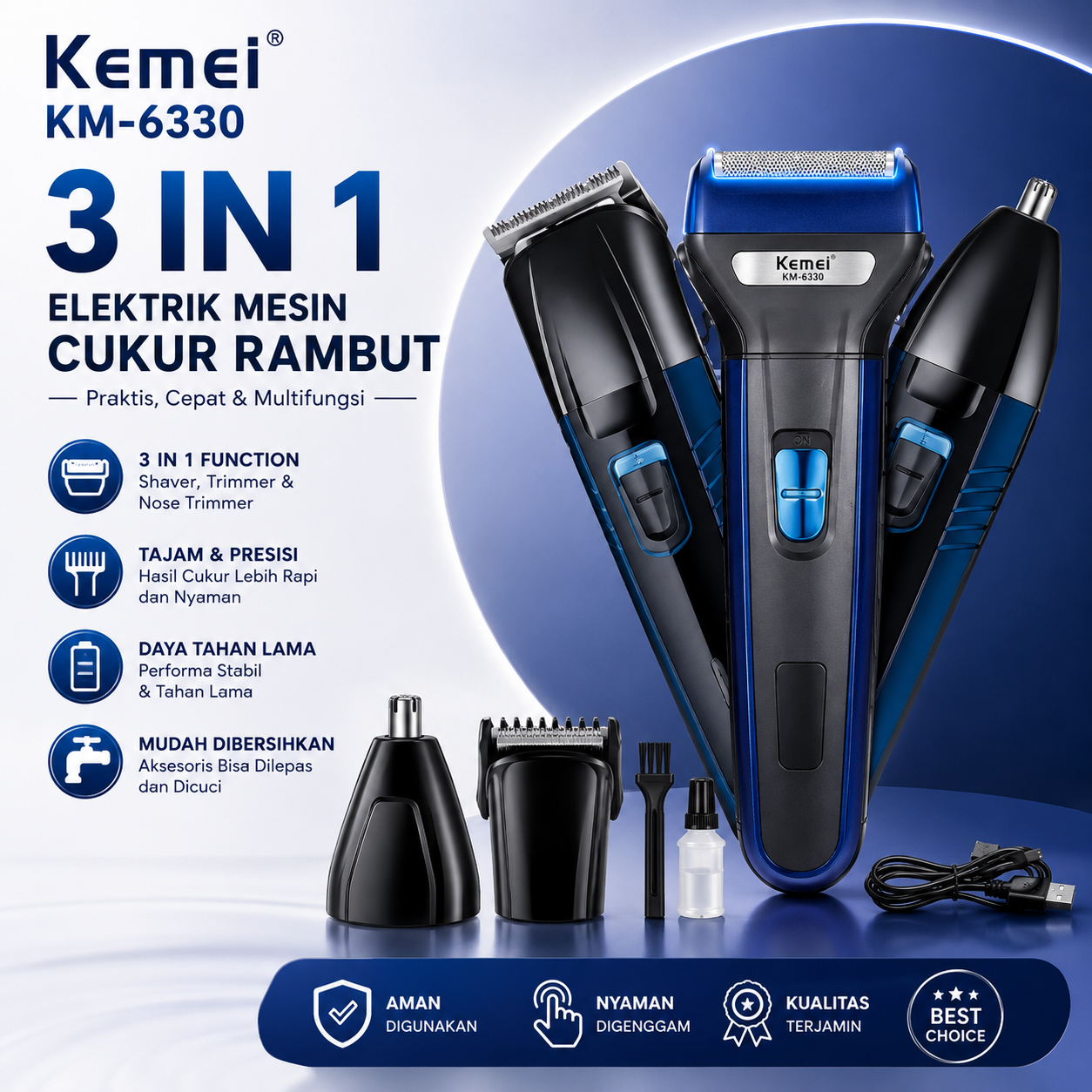 Kemei KM-6330 Elektrik Mesin Alat Cukur Rambut 3 in 1