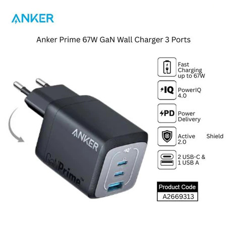 Anker Prime 67W GaN Wall Charger 3 Ports Fast Charging Foldable A2669313 Cas Hp - BLACK