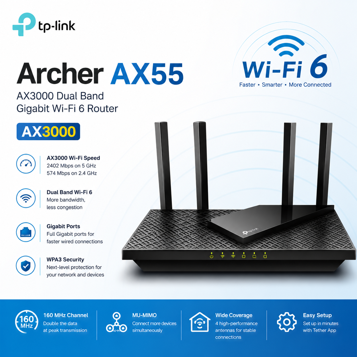 Tp-Link Archer AX55 AX3000 Dual Band Gigabit Wi-Fi 6 Router