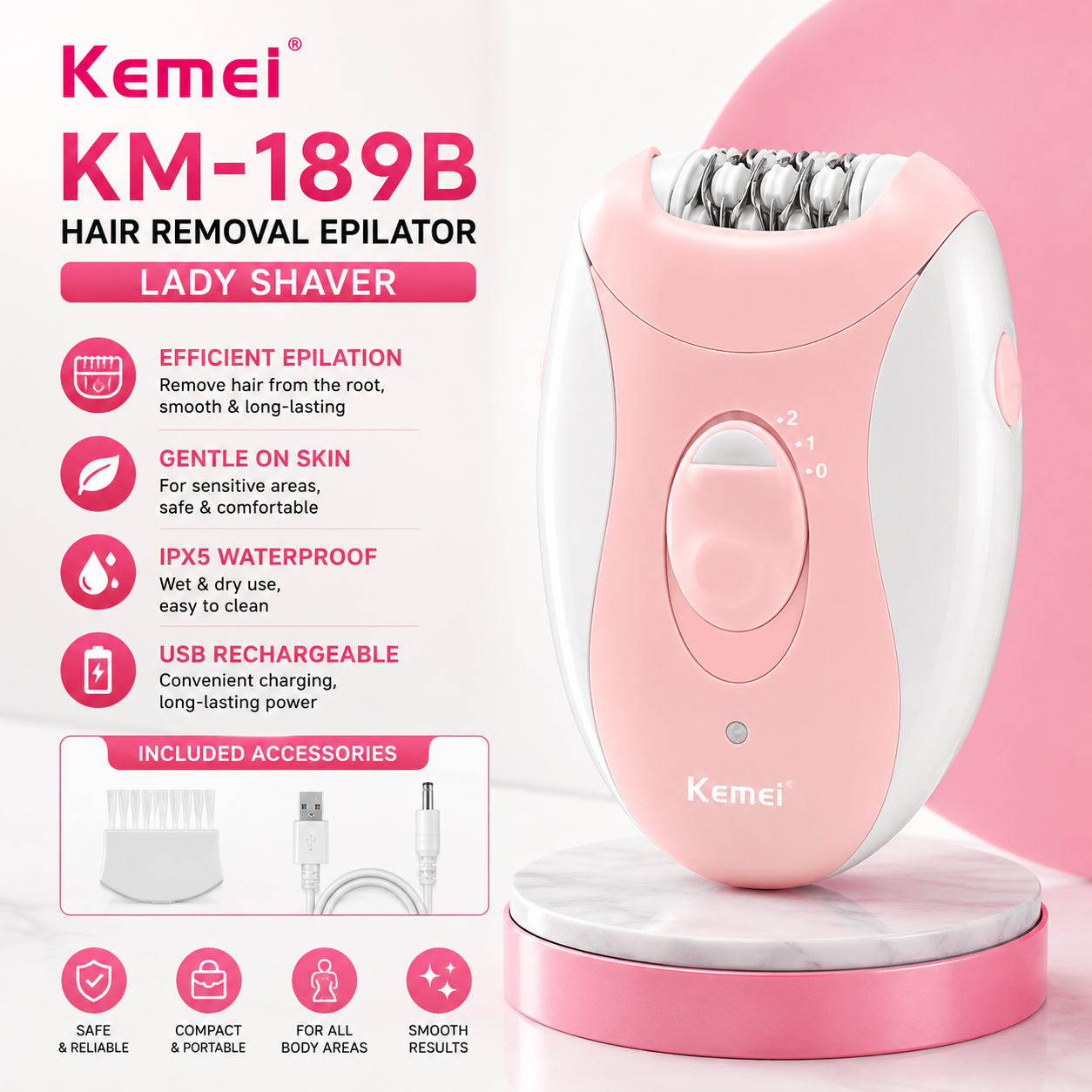 Kemei KM-189B Hair Removal Epilator Lady Shaver IPX5 Cukur Rambut Bulu Elektrik KM189B KM 189B