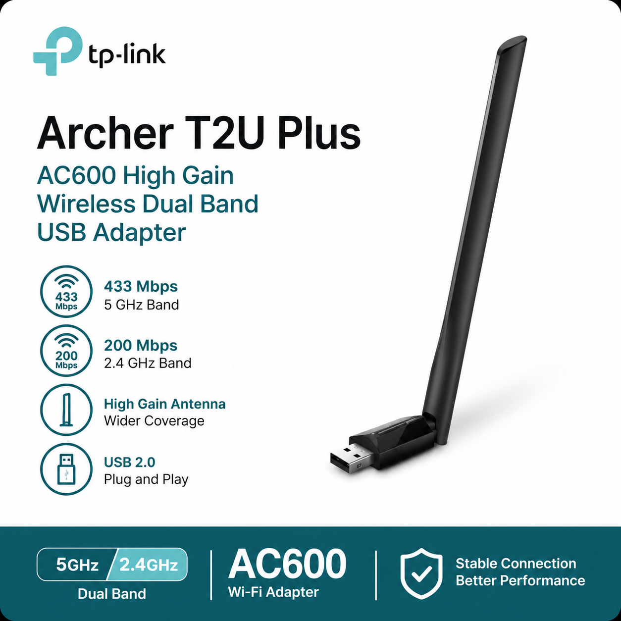 Tp-Link Archer T2U Plus AC600 High Gain Wireless Dual Band USB Adapter