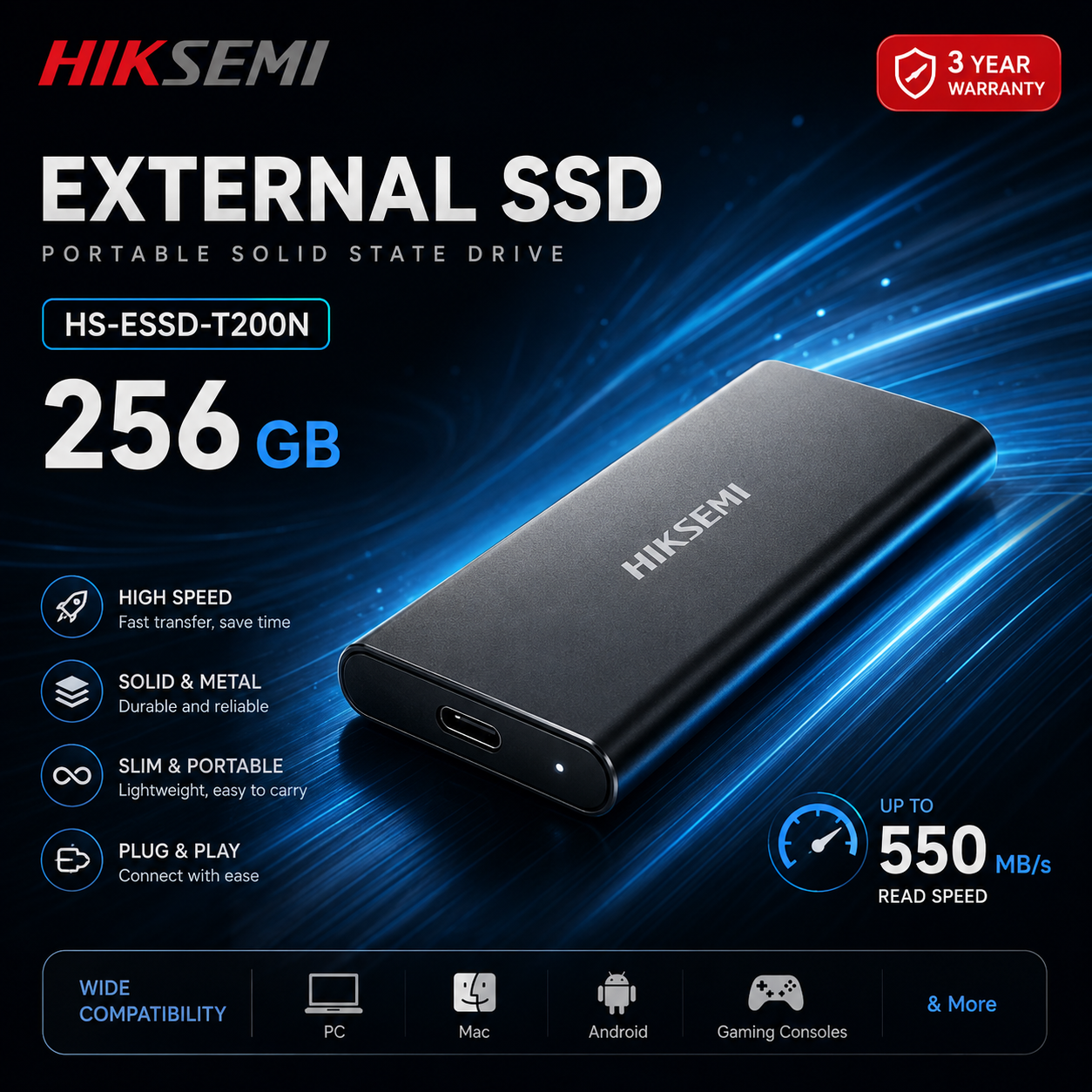 HIKSEMI External SSD Portable HS-ESSD-T200N - 256GB