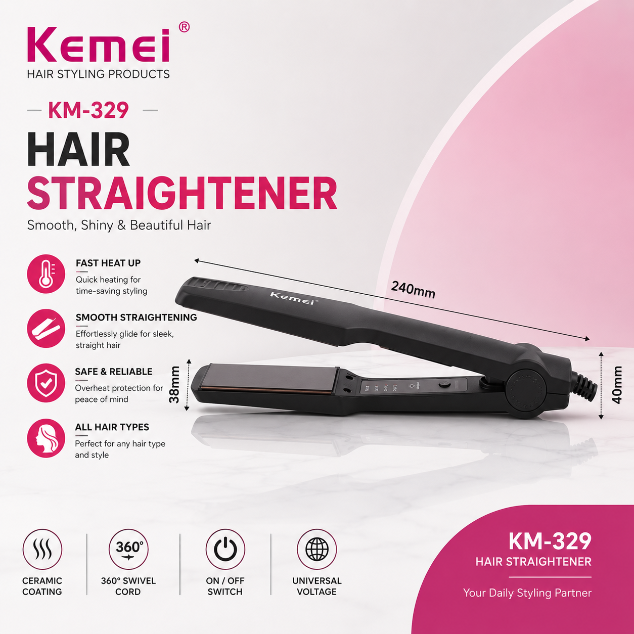 Kemei KM-329 Hair Straightener Alat Catokan Catok Pelurus Rambut KM 329 KM329